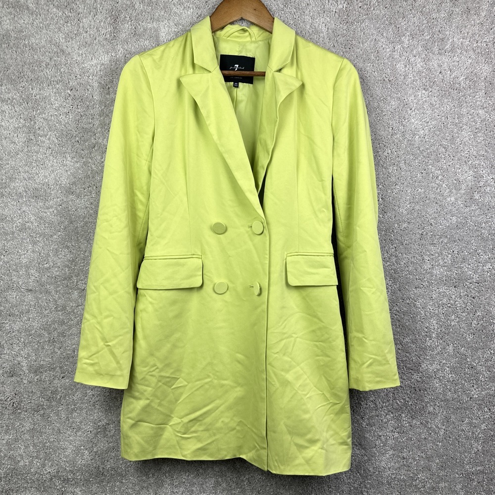 7 For All Mankind Neon Green Yellow Blazer Dress Jacket Satin Double Breasted XS